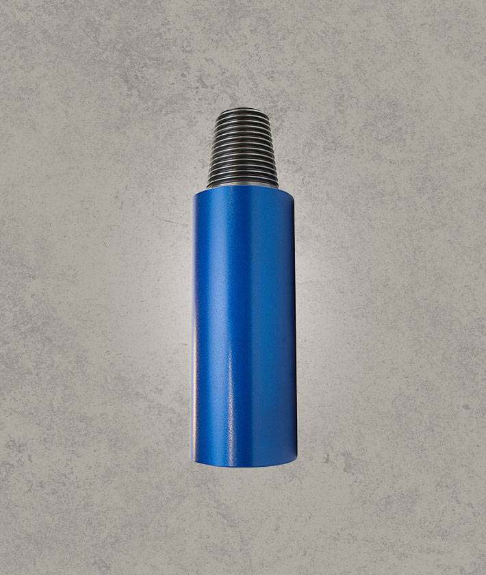 Blue steel drilling sub adapter with male threaded pin connection.