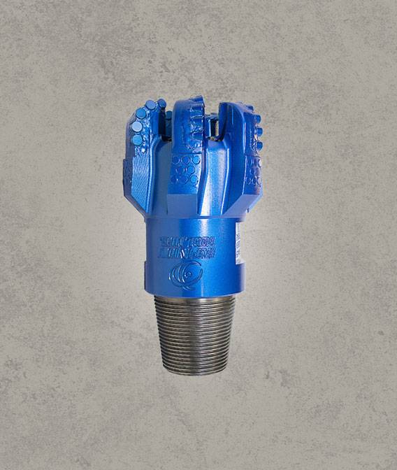 Front view of blue PDC drill bit with polycrystalline diamond cutters and threaded connection.