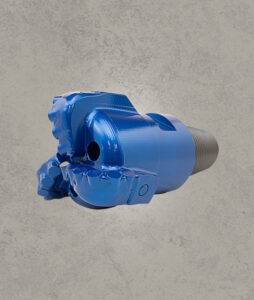 Angled side view of blue PDC drill bit with polycrystalline diamond cutters and threaded shank