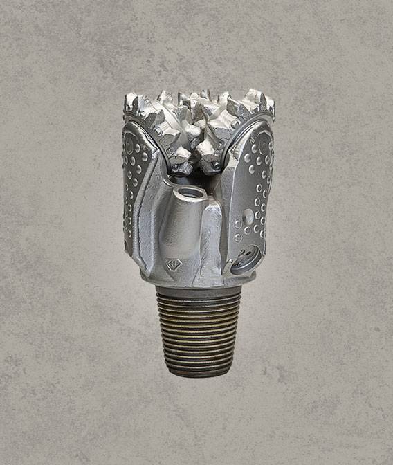 Front view of mill tooth tricone drill bit with sealed bearing and steel milled teeth.