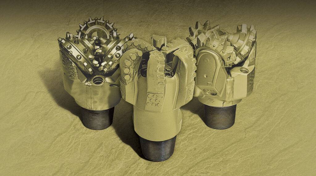 Three drilling bits including PDC, milled tooth tricone, and tungsten carbide insert tricone.