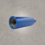 Blue steel drilling sub adapter with female and male threaded connections.