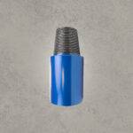 Blue steel drilling sub adapter with male threaded connection.